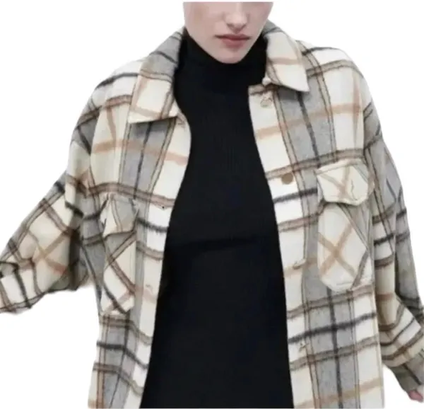 Zara Plaid Wool Flannel Oversized Jacket Shacket Shirt Tan Brown White M Cozy - Image 2