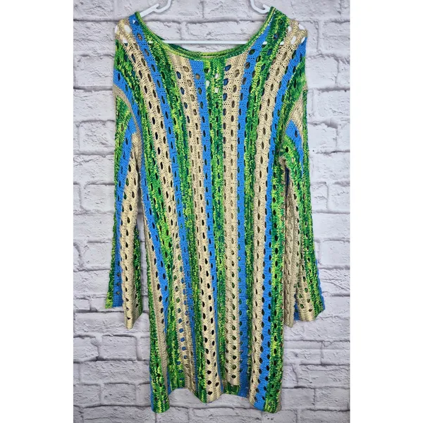 Olivaceous Phoenix Open Knit Crochet Dress Swim Coverup Green Blue Striped L NWT - Image 2