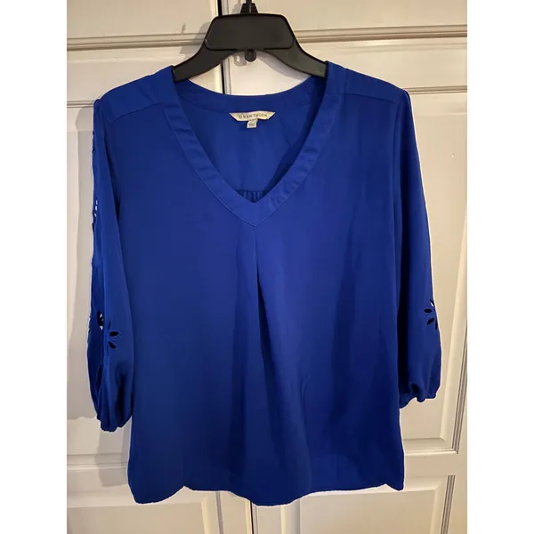 Hawthorn Blue V Neck 3/4 Sleeve Laser‎ Cut Detail Blouse Women Large - Image 3