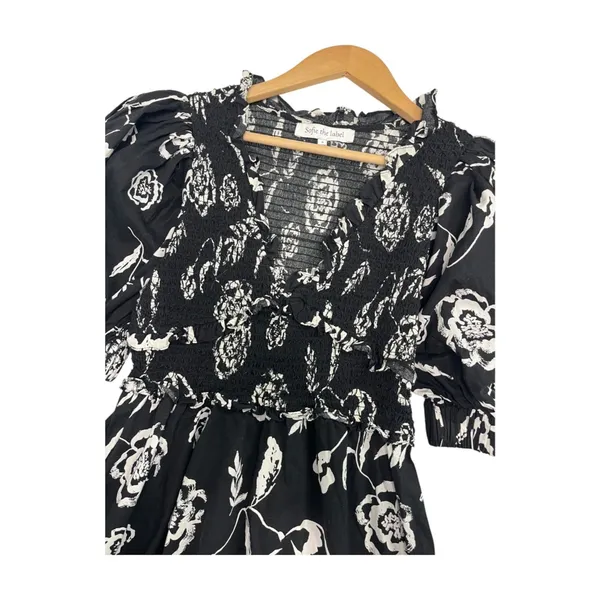 Sofie The Label Dress Womens Small Black Midi Floral Half Sleeve Smocked Boho - Image 7