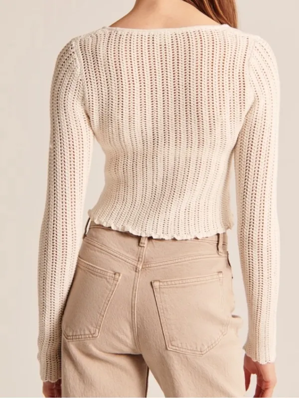 Abercrombie & Fitch Long-Sleeve Crochet Scoopneck Top Cream Size Medium NWT - Image 2