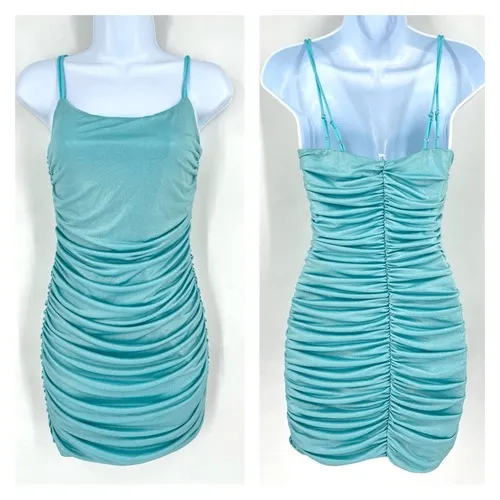 Vintage 90s Lucy in the‎ Sky Ruched Bodycon Mini Dress Blue Medium Party Club - Image 3