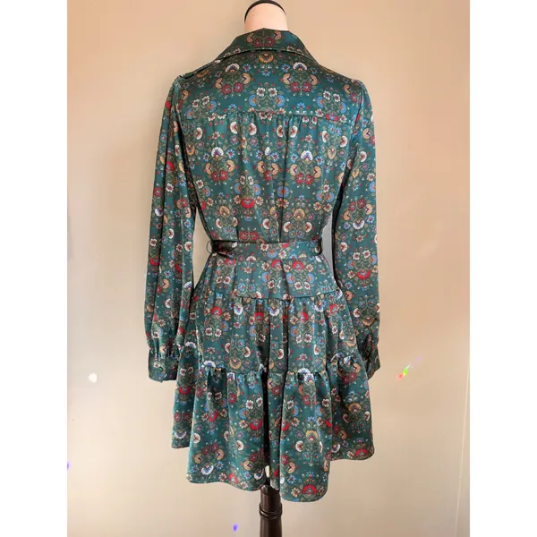 Green Floral Satin Tiered‎ Wrap Mini Dress S Boho whimsi flowy cottage fairy red - Image 4