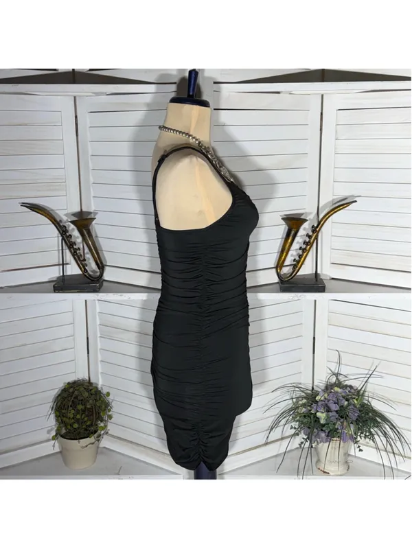 Vintage Y2K black mini dress ruched stretchy bodycon deep V homecoming clubbing - Image 4