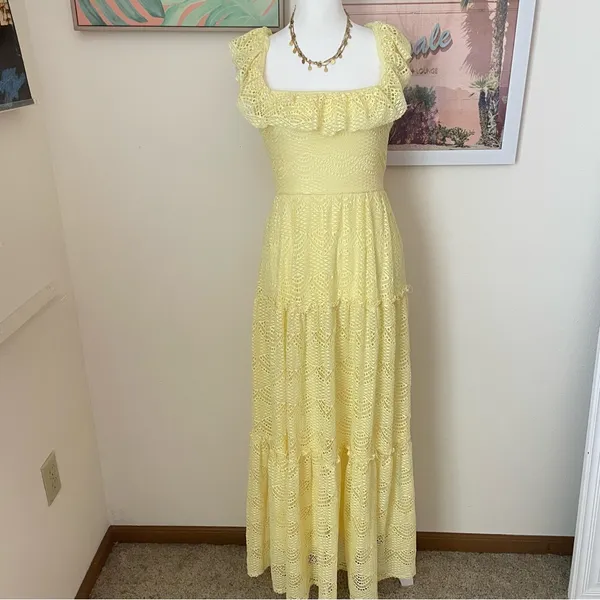 Selfie Leslie Portofino Sunset Ruffle Lace Maxi Dress Lemon in Small - Image 3