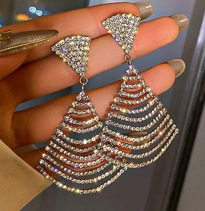 Women's Silver Plated Fan-Shaped Rhinestone Dangle Drop Earrings - Image 4