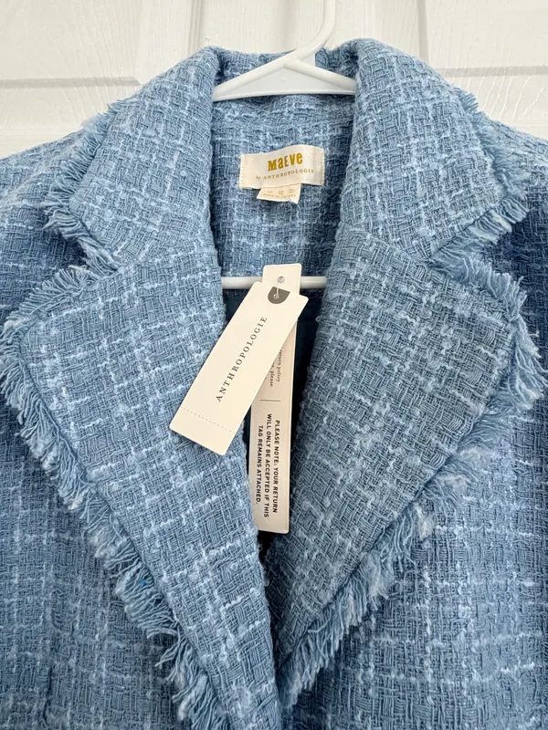 Maeve Anthropologie Blue Tweed Sleeveless Blazer Mini Dress Preppy Mod Quiet Luxury Size 6 - Image 4