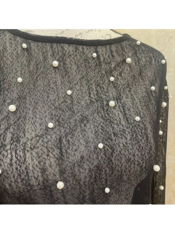 Amber Skies Pearl Embellished Sheer Mesh Top Black Cocktail Glam Whimsigoth XL - Image 5