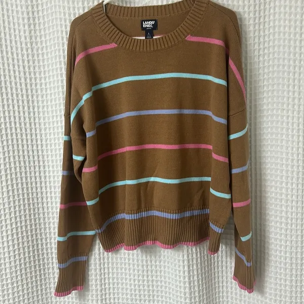 Lands End Women's Drifter Easy Fit Sweater Honey Beige Multi Stripe Large Cotton - Image 4
