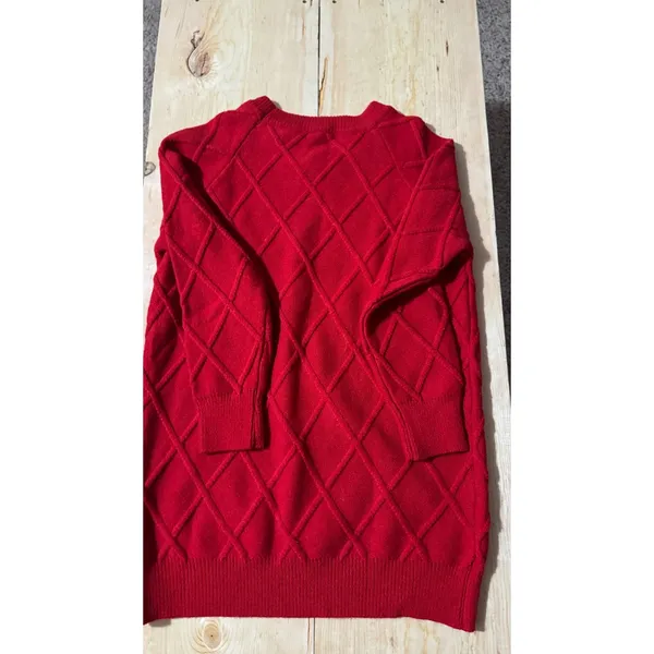 Red Diamond Lattice Knit Sweater with White Heart Patch‎ Crew Neck Long Sleeve - Image 3