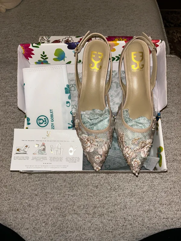 Embroidered Mesh Slingback Kitten Heels Tan Size 8 - Image 4