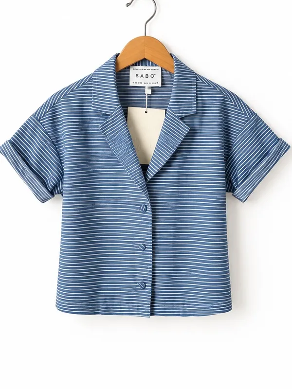 SABO SKIRT Oversized Blue & White Striped Button-Down Short Cuff Sleeve Blouse - Image 4