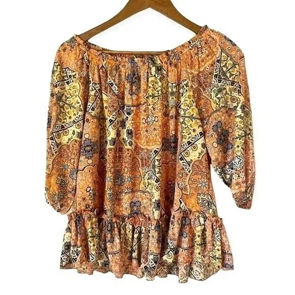 Melloday Small NWT Patchwork Peplum Off Shoulder Ruffle Blouse Top - Image 2