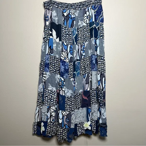 VTG Women Skirt Blue Patchwork Floral Tiered Boho Maxi Festival Artsy Maximalist - Image 5