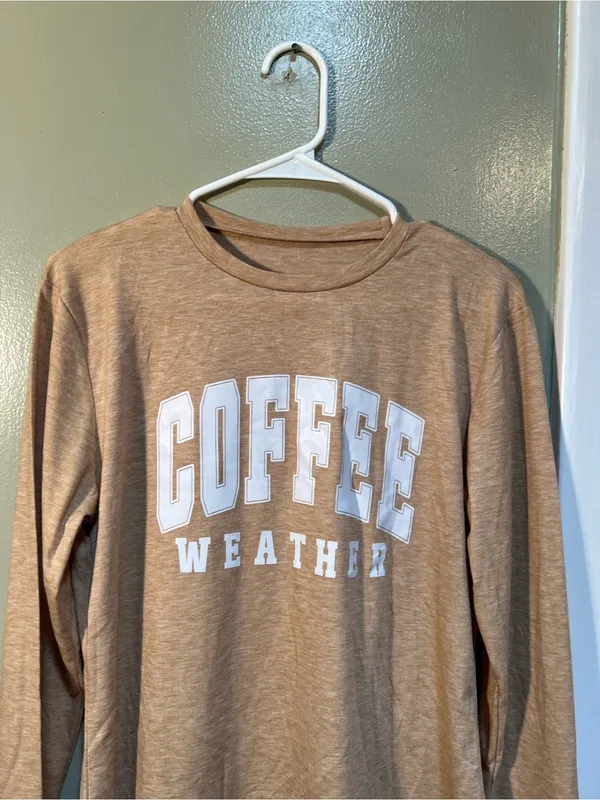 Women’s Size Small Long Sleeve T-Shirt Beige Tan White Coffee Weather Crewneck - Image 2