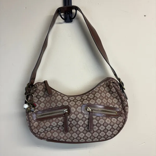 Vintage Nine West Y2K Brown Cream Geometric Lattice Pattern Shoulder Bag - Image 2