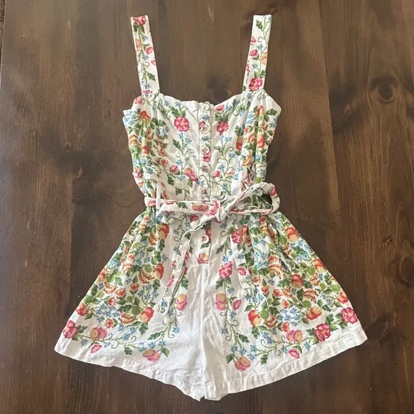Farm Rio Tropical Romance Romper Medium White Floral Linen Cottagecore Summer - Image 4