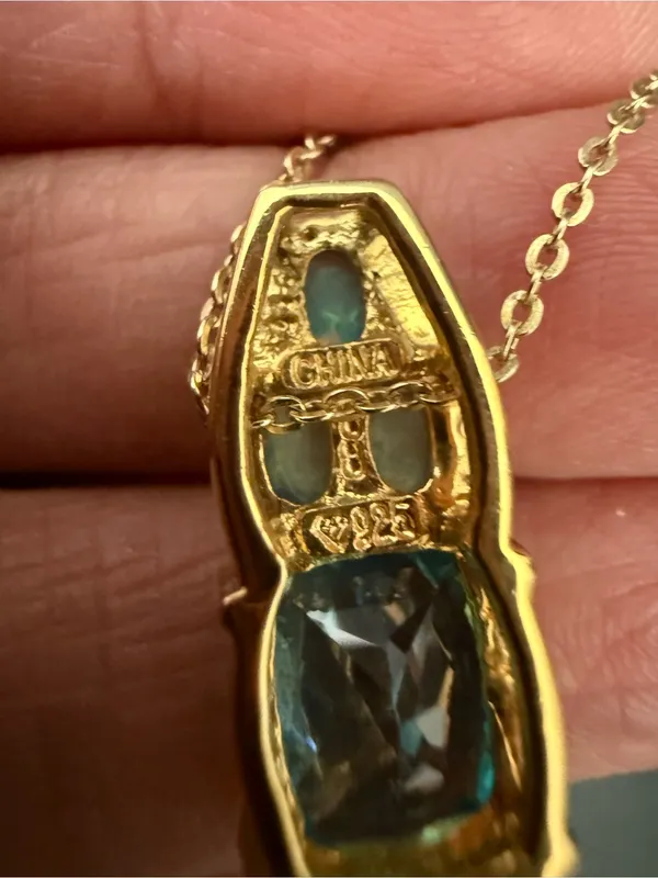 925 Sterling Gold Vermeil Cushion Cut Blue Topaz Gemstone Opal Pendant Necklace - Image 9