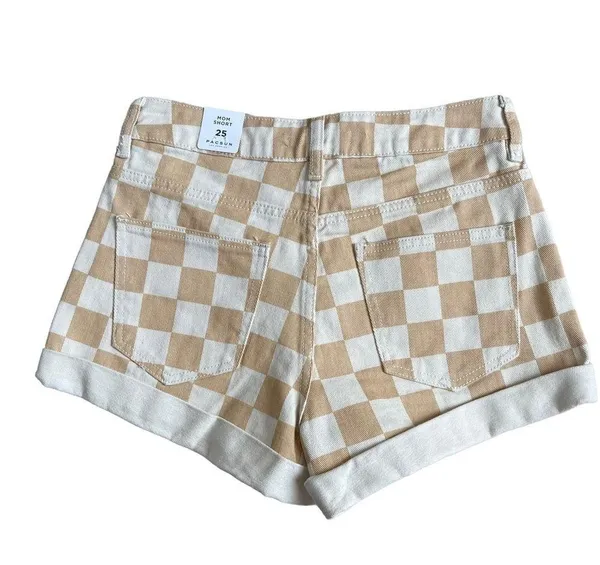 PacSun Women’s Checkerboard Mom Shorts Size 25 Tan Checker Denim High Waist - Image 7