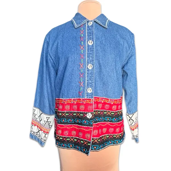 Vintage Oversized Embroidered Denim‎ Jacket Boho Cowgirl Southwestern Festival - Image 11