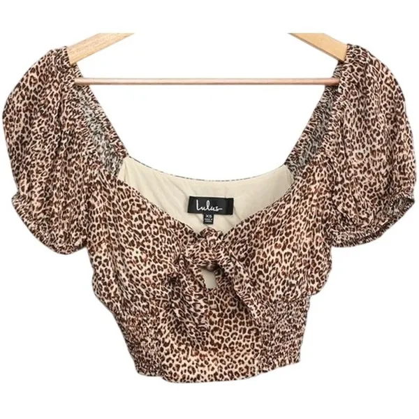 Lulus Fiercely In Love‎ Leopard Print Tie Front Crop Top XS Beige Black - Image 8