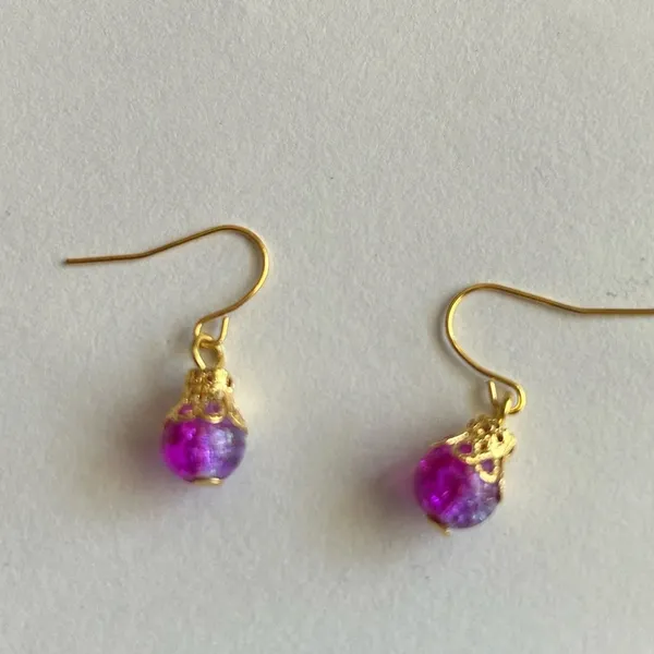 3/$20 Pink and Purple Dual Crystal Ornate Gold Plated Dangling Drop Earrings - Image 2