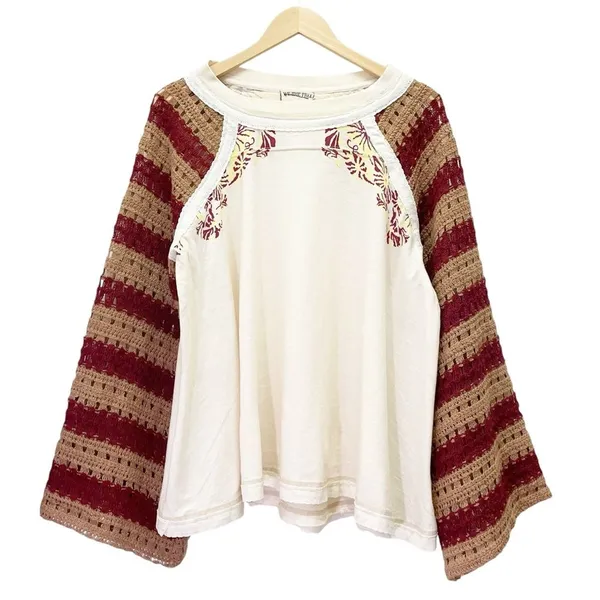 Free People Festival Ready Tee Crochet Sleeve Cream & Rust Knit Top Size Large - Image 2
