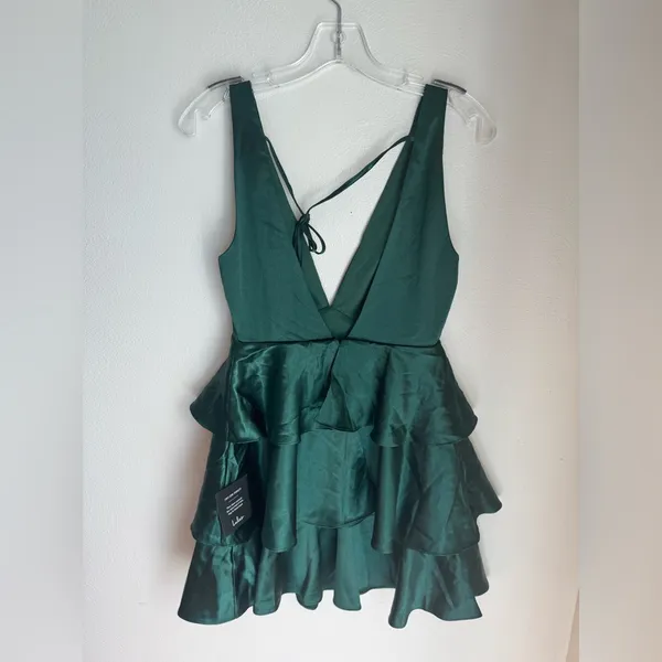 NWT Lulus Tiers of Joy Emerald Green Satin Tie- Back Tiered Mini Dress - Image 6