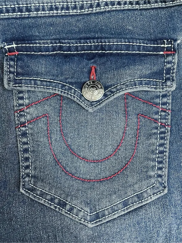 True Religion Becca Jeans Sz 31 Mid Rise Bootcut Flap Pocket Dark Wash Stretch - Image 9