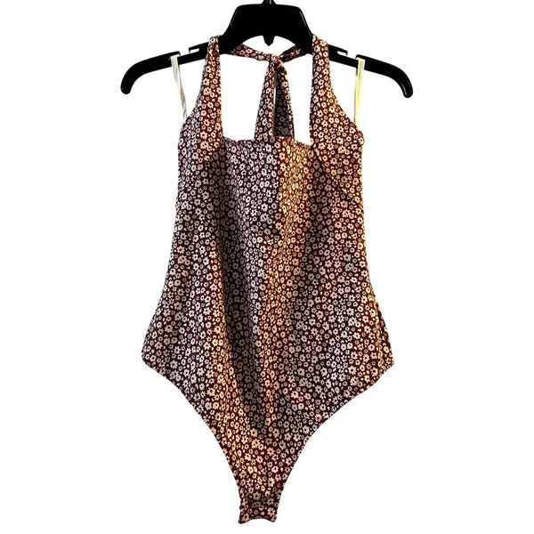 Free People Talk Back Square Neck Bodysuit Floral Halter Top size M red - Image 4
