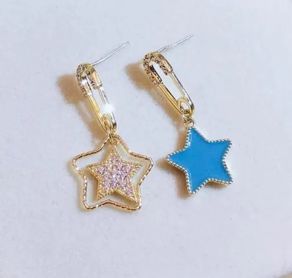 Crystal Stars Safety Pin Stud Drop Dangle Earring Gold - Image 3