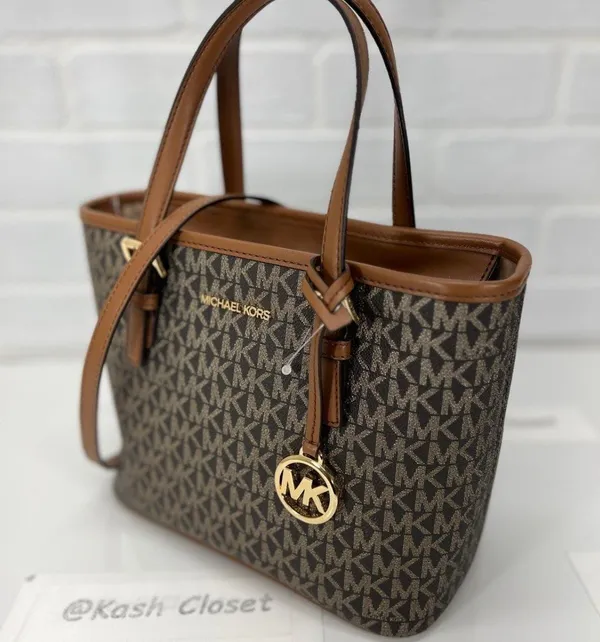 Michael Kors Brown Gold Metallic Print Top Zip Tote Bag - Image 3