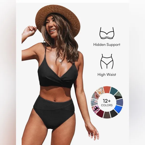 NEW CUPSHE Bikini 2 Pc Swimsuit Bathing Suit High Waisted V Neck Twist Front 2X - Image 5
