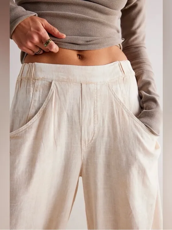 🆕 NWT Free People High Road Barrel Pants Linen Boho Wide-Leg Pockets Tan Large - Image 4