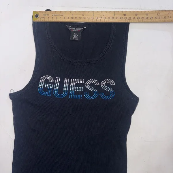 Vintage Y2K Guess Embellished Rhinestone Logo‎ Ribbed Tank Top Pink Size M - Image 5