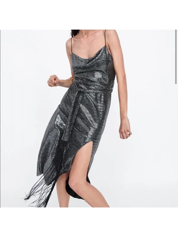 NWT Zara Silver Sequin Midi Dress With Fringed Belt and Side Slit - Image 3