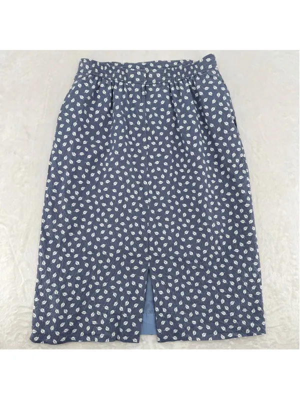 Vintage Straight Skirt Blue Gray with White Leaves Cottagecore Nature Medium - Image 2