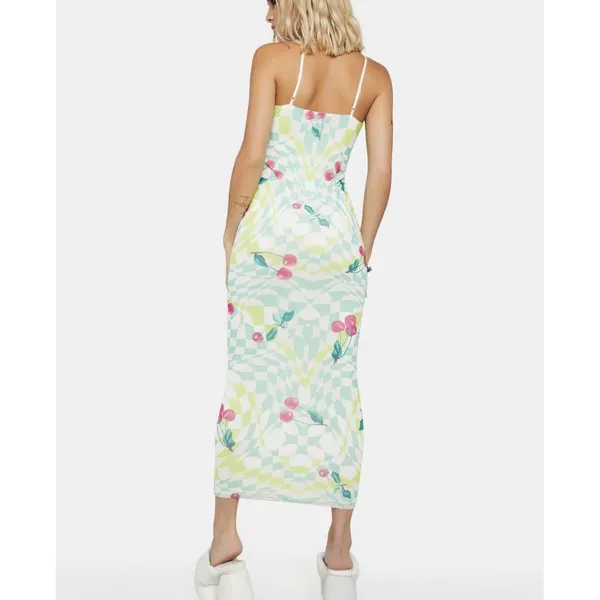 AFRM Amina Mesh Midi Slip Dress Size XS Green Checkered Red‎ Cherry Print - Image 2
