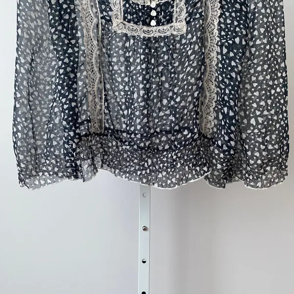 Do & Be Heart Print Lace Trim Babydoll Coquette Fairy Sheer Blouse S Navy - Image 5
