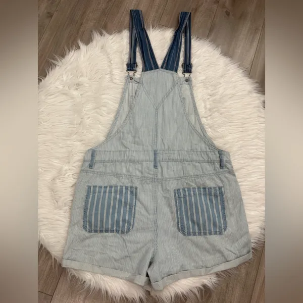 🆕 American Eagle Outfitters Blue and White Striped Overalls Size L - Image 2