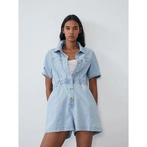 Zara denim playsuit romper utility button down short sleeve light wash pockets - Image 3
