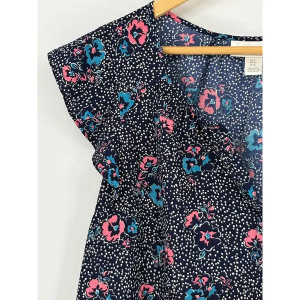 Motherhood Maternity Floral Flutter‎ Sleeve Blouse Navy Pink Dotted Top Large - Image 3