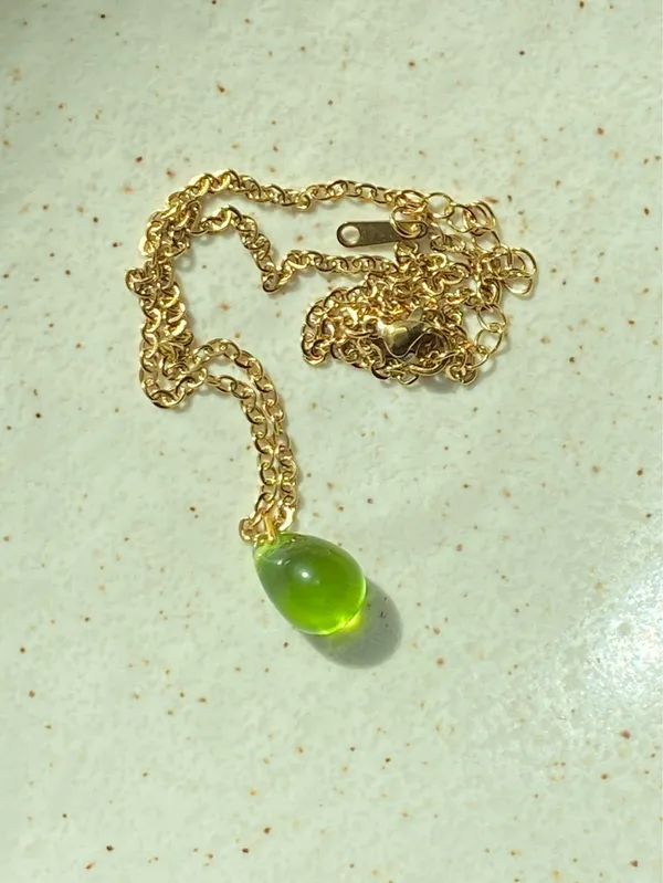 Handmade olive teardrop Czech glass simple minimalist gold chain necklace💚 - Image 3