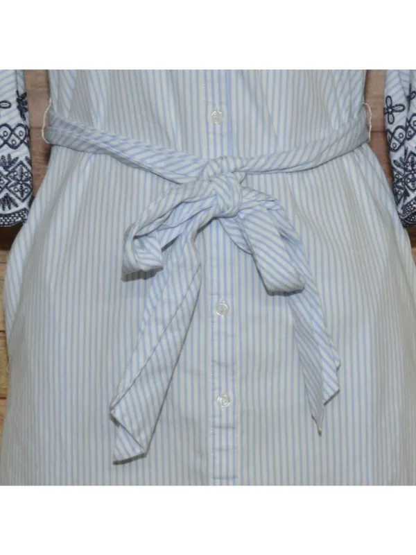 Cremieux Womens SZ 0 Blue White Striped Embroidered Bell Sleeve Tie Waist Dress - Image 4