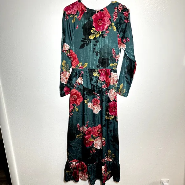 Misa Santana Midi Dress Wrap Crepe Chiffon Long Sleeve Ruffle Floral Green S - Image 5