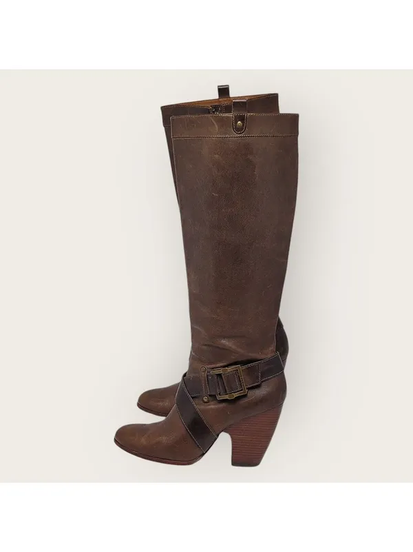 Frye Andrea Belted Tall Full Zip Brown Leather Riding Boot Size 10M 77321 - Image 12