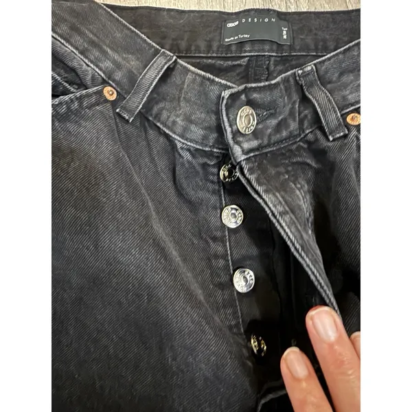 ASOS 100% Cotton Button Fly Straight Leg‎ Denim Jeans Sz. 28 X 31 Black Raw Hem - Image 4