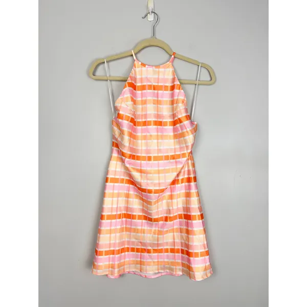 Nia Pink Multi Plaid Satin Mini Backless Slip Dress Large NWT Spring Coquette - Image 9