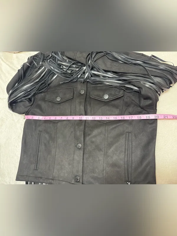 Juicy Couture Black Faux Suede Fringe Trucker Jacket Size Medium - Image 14