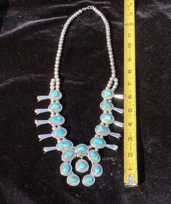 Vintage Sterling Silver Kingman Turquoise Squash Blossom Necklace Jewelry - Image 8